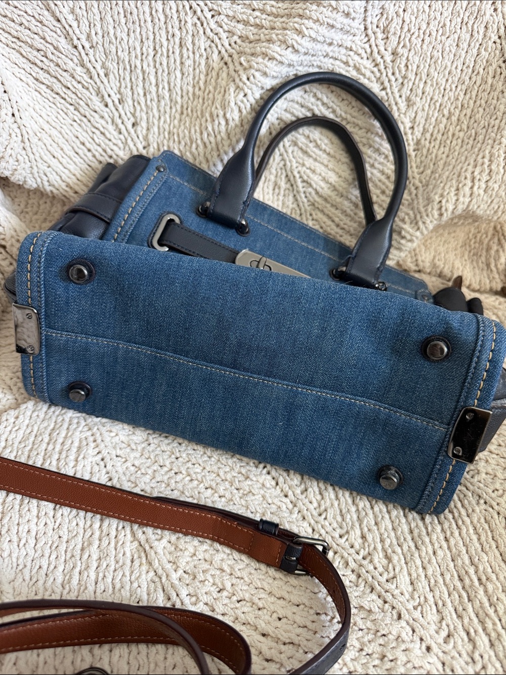 Denim and dark nevy Leather Top-Handle Satchel with Brown Trim - Picture 8 of 8